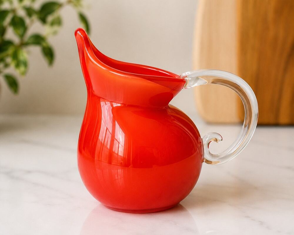 Signed Hand Blown Red Art Glass Creamer Pitcher 4.5" Studio Glass Applied Handle